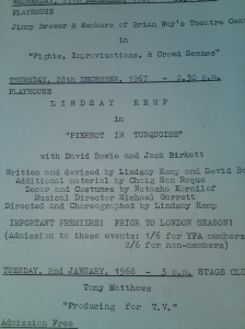 Extract from a programme of the Young Playhouse Association where a certain David Bowie was performing in 1967 in 